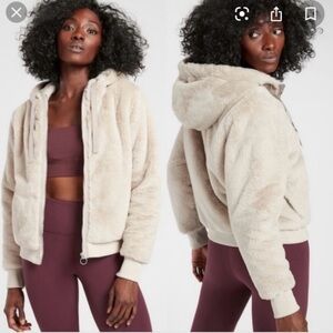 ATHLETA Faux Fur Zip Up Hoodie with zipper pockets and hidden mesh pocket